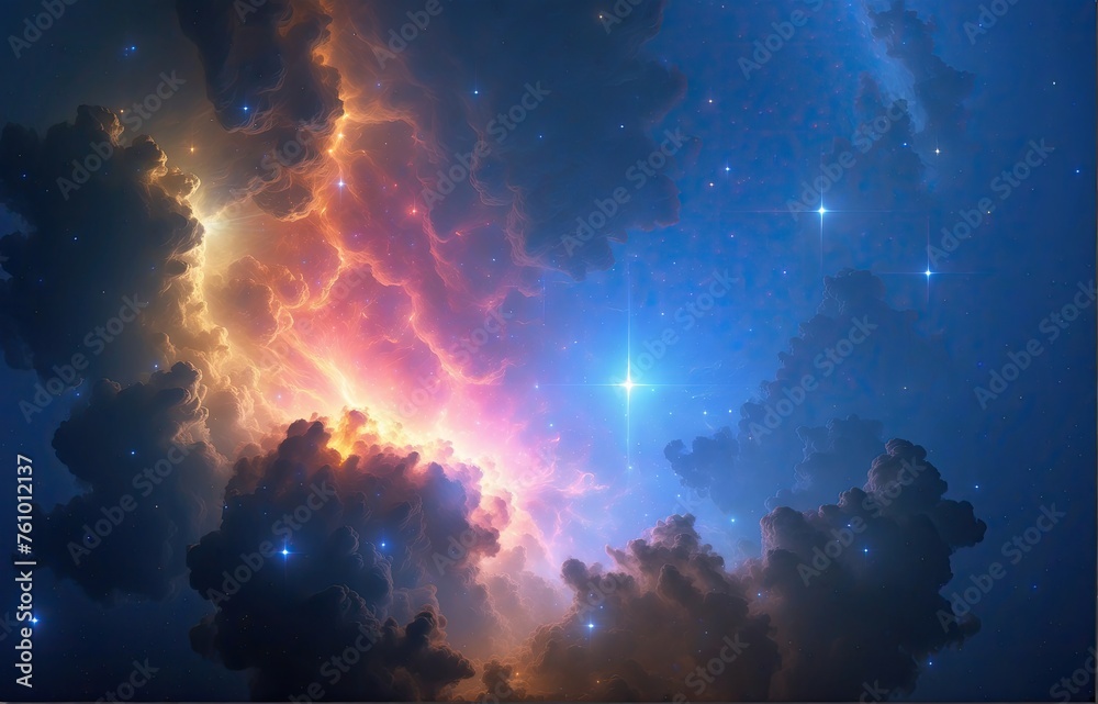  Glowing huge nebula with young stars. Space background
