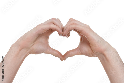 Man showing heart gesture with hands on white background  closeup