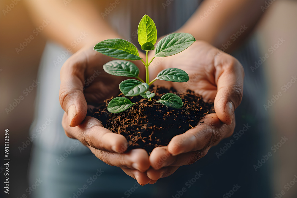 Fototapeta premium People holding a young plant in their hands, symbolizing unity and protection of nature. Suitable for Earth Day and environmental conservation campaigns.