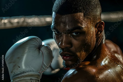 Focused male boxer with determination in his eyes, ready for combat in the ring
