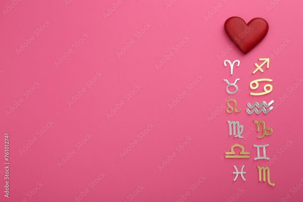 Zodiac compatibility. Signs with red heart on pink background, flat lay. Space for text