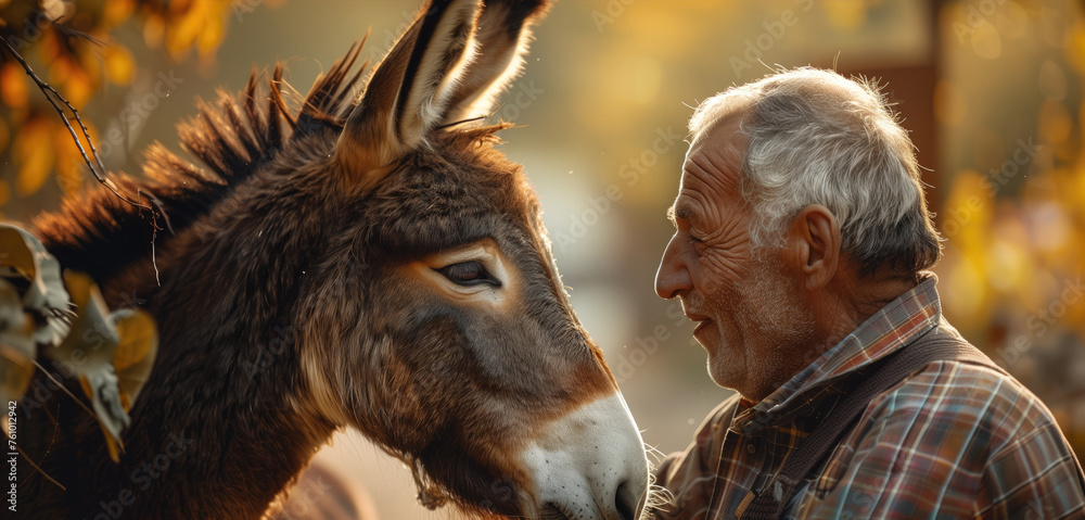 An elderly man shares a tender moment with a donkey amid autumn light, showcasing a bond between species An elderly man shares a tender moment with a donkey amid autumn light, showcasing a bond between species