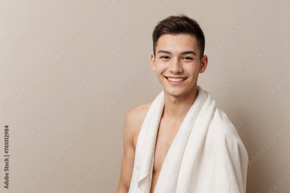 handsome young man with a towel on a beige background with copy space. handsome young man with a towel on a beige background with copy space.