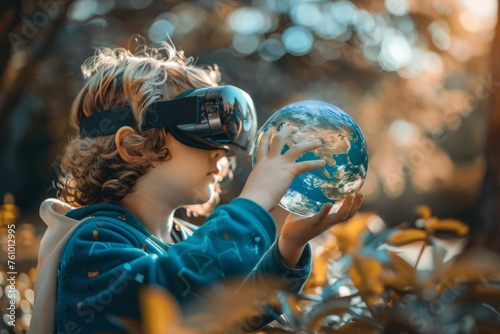 Child virtual reality holding globe