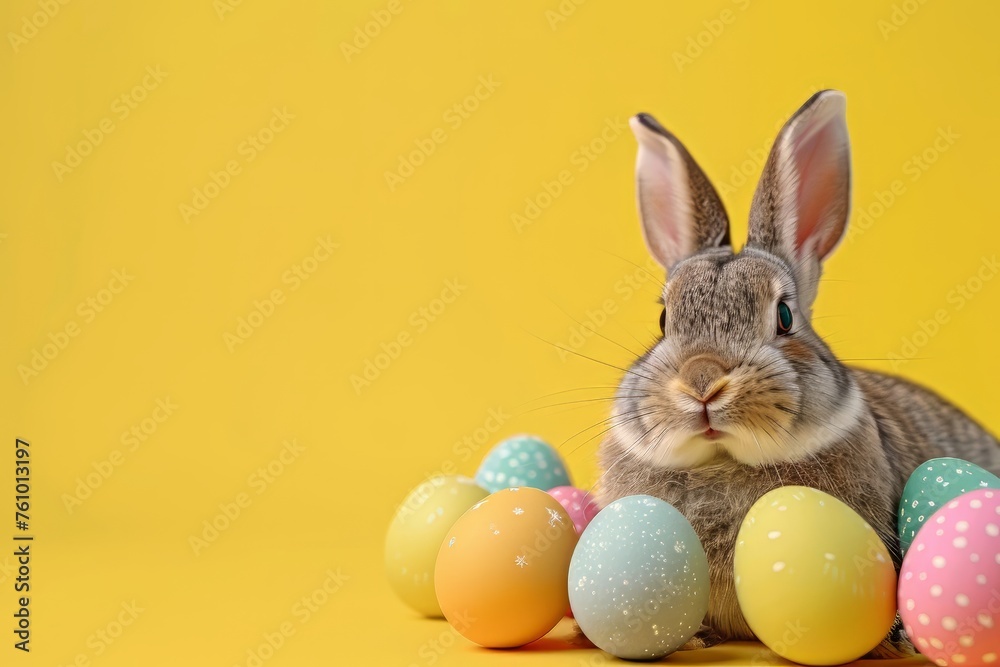 Fototapeta premium Easter bunny and colorful eggs on yellow background. Easter concept, sunny day