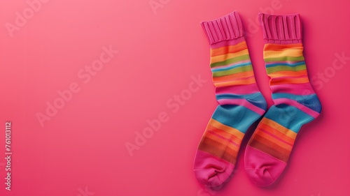 Bold and colorful striped socks against a vibrant pink background © Татьяна Макарова