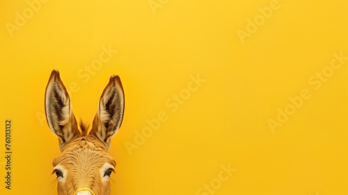 The top half of a donkey's head peers over a bright yellow background