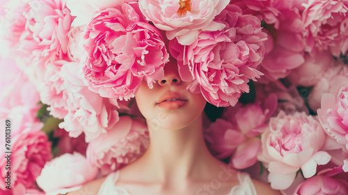 A close-up photo of a gentle girl surrounded by pretty pink and white peonies. Wedding photo design. Studio photo