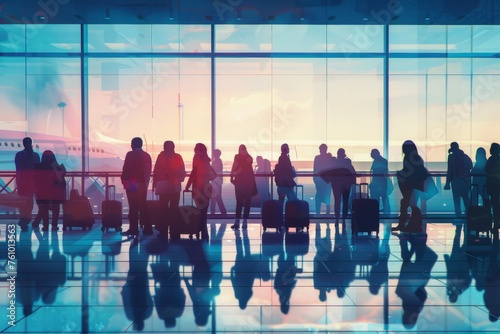 Silhouettes of passengers in airport against plane view