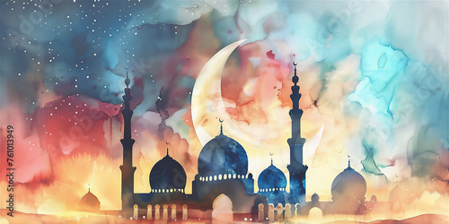 Mosque with minaret in blue midnight with giant crescent moon in impression painting style
