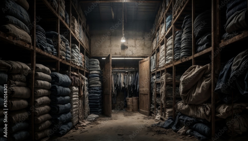 Interior of an old industrial warehouse with stacks of jeans and shirts Interior of an old industrial warehouse with stacks of jeans and shirts