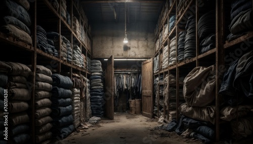 Interior of an old industrial warehouse with stacks of jeans and shirts