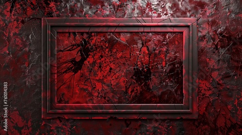 Textured Blood-Red Distressed Rectangular Metal Frame Mock-Up Isolated on a Grunge Wall