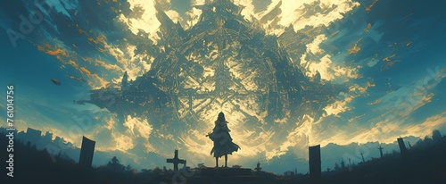 A young saint looking at an ancient portal that appeared on top of the cemetery. magnificent epic fantasy. digital art style, illustration. graphic novel wallpaper. anime aesthetic. generative AI photo