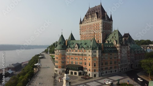 aerial footage of Château Frontenac most famous landmark Quebec City old town Canada, drone close up of old colonial style architecture building  photo
