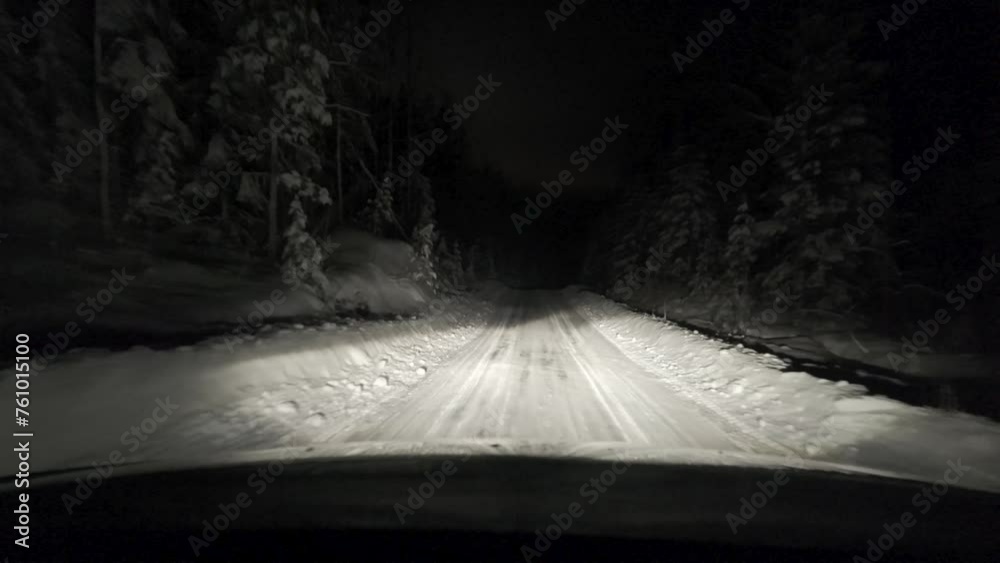 Driving On The Winter Road During Nighttime. POV Driving On The Winter Road During Nighttime. POV