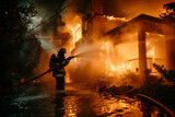Firefighter sprays water on a burning house engulfed in flames during a nocturnal firefighting operation