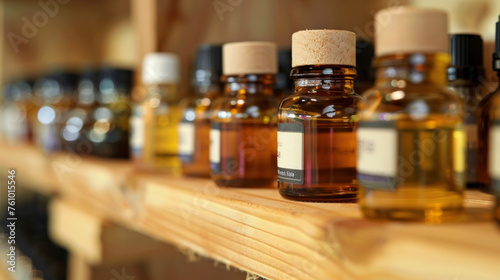A wooden shelf holds rows of small glass jars containing essential oils extracted from various plants and used for theutic purposes in aromatherapy.