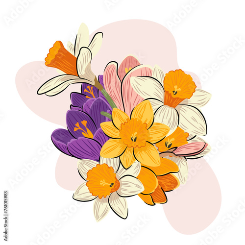 Bukiet kwiatów - żonkile, narcyzy i krokusy. Wiosenna kompozycja na białym tle. Ilustracja wektorowa.