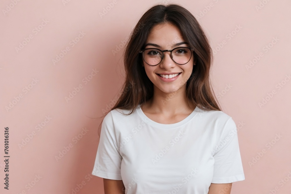 Fototapeta premium Young Brazilian woman wearing glasses and a white shirt, smiling and looking at the camera, standing on a pink background with copy space.