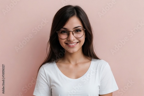 Young Brazilian woman wearing glasses and a white shirt, smiling and looking at the camera, standing on a pink background with copy space.