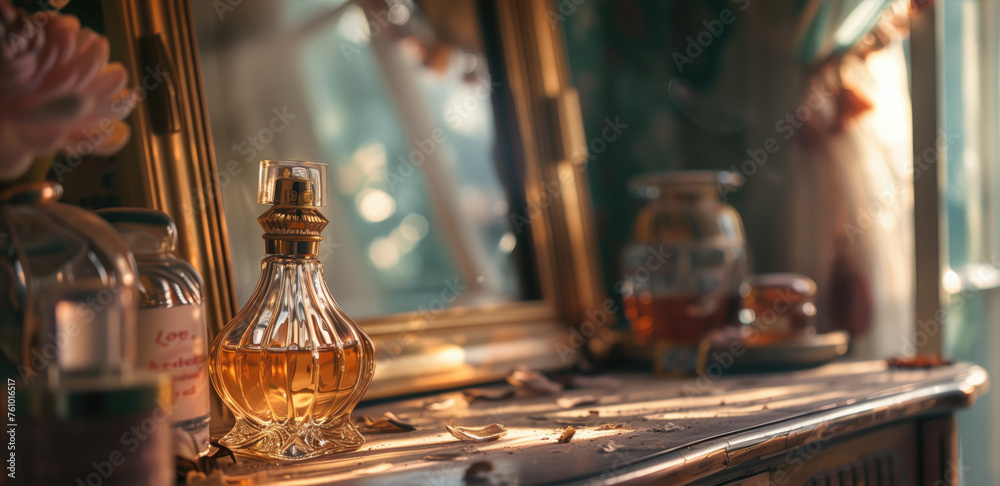 A classic perfume bottle reflecting the charm of a bygone era beside a mirror
