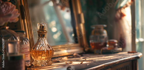 A classic perfume bottle reflecting the charm of a bygone era beside a mirror photo