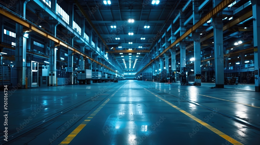 Fototapeta premium Blue-lit factory floor, showcasing modern industrial design and space