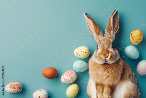 Easter bunny and colorful eggs on blue background. Easter concept, sunny day