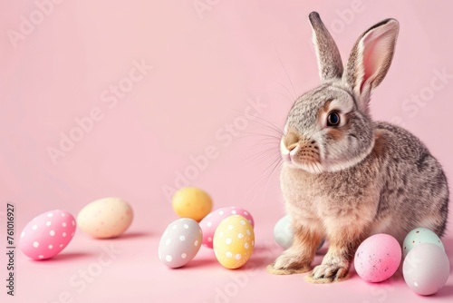 Easter bunny and colorful eggs on pink background. Easter concept, sunny day