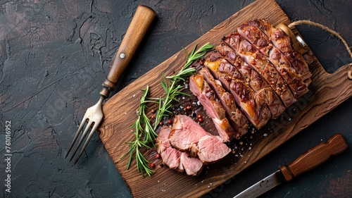 Succulent slices of roast beef with herbs, spices, and a carving fork, presented on a rustic wooden board