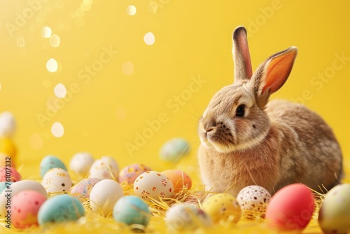 Easter bunny and colorful eggs on yellow background. Easter concept, sunny day