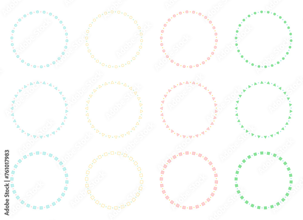 手書きのシンプルな模様の円形フレームセット、装飾フレーム、春の配色