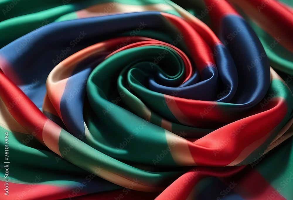 The silk scarf is dark in color. Green red blue blurred stripes.