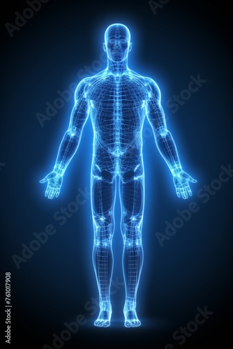 Artistic unreal depiction of human body with blue glow,stylized as x-ray image,front view