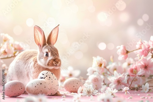 Easter bunny and colorful eggs on pink background. Easter concept, sunny day