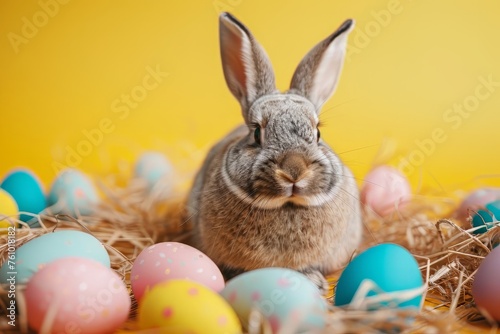 Easter bunny and colorful eggs on yellow background. Easter concept, sunny day