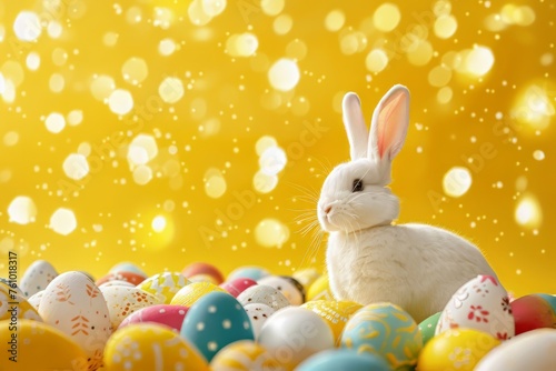 Easter bunny and colorful eggs on yellow background. Easter concept, sunny day