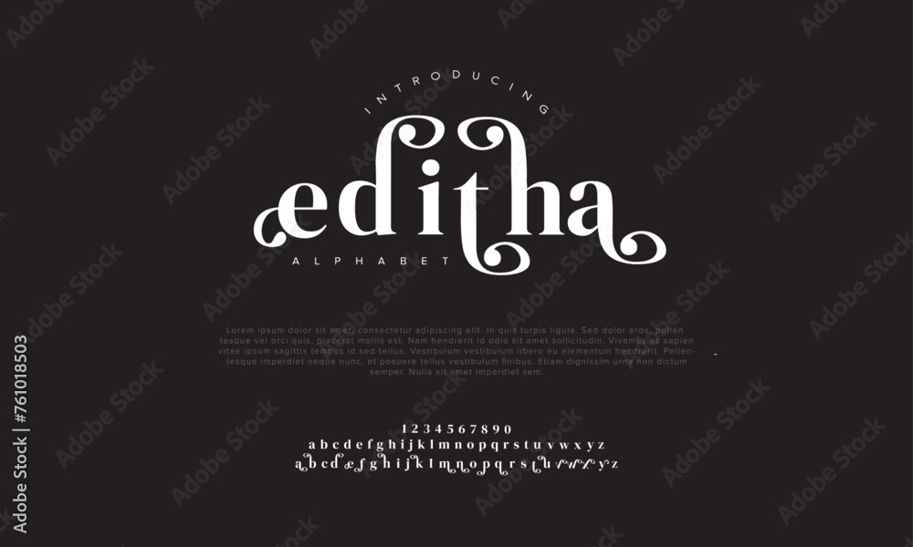 Editha premium luxury elegant alphabet letters and numbers. Vintage wedding typography classic serif font decorative vintage retro. Creative vector illustration