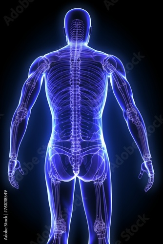 Artistic unreal depiction of human body, stylized as x-ray image with blue glow, rear view