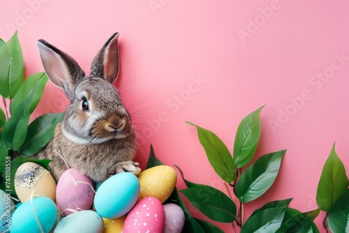 Easter bunny and colorful eggs on pink background. Easter concept, sunny day