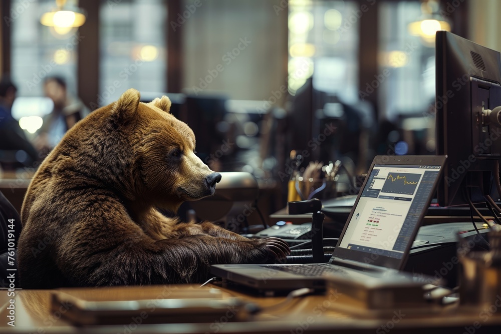 A bear in finance analyzing market trends on a laptop in a bustling Wall Street office - obrazy, fototapety, plakaty 