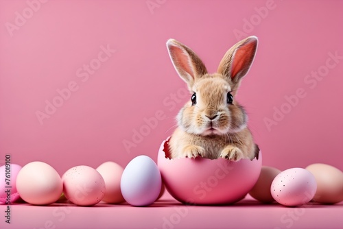 Cute Easter bunny hatching from pink Easter egg isolated on pastel pink background with copy space and easter eggs. Happy Easter banner with adorable rabbit.