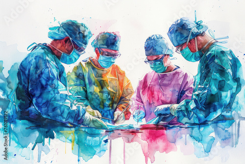 Colorful watercolor of a group of doctors performing surgery on a patient