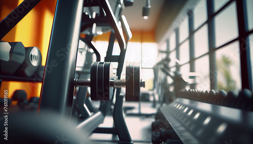 Modern gym. Blurred photo of a Sports equipment in gym. Photo of a blur gym background fitness center or health club with blurry sports exercise equipment.  Ai generated image photo
