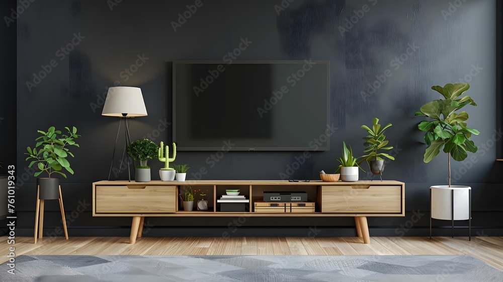 Interior mock up living room. cabinet for TV or place object in modern living room with lamp,table,flower and plant Interior mock up living room. cabinet for TV or place object in modern living room with lamp,table,flower and plant