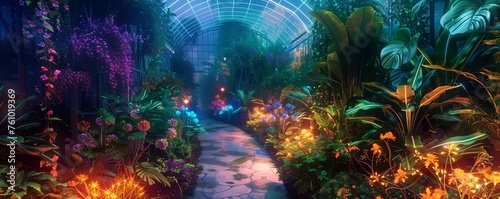 A dreamlike scene of a magical greenhouse with glowing