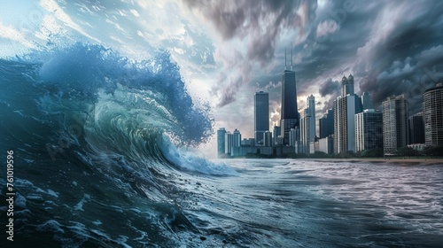 A surreal scene of a giant wave crashing over a city skyline