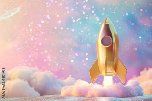 Charming 3D golden rocket cheerfully launching with a smile photo