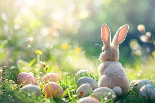 Easter bunny and colorful eggs on nature background. Easter concept.Happy Easter 2024